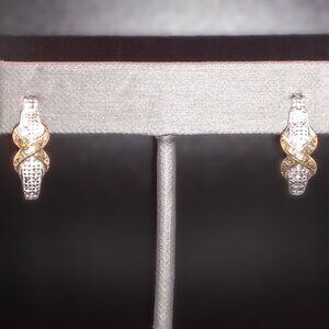 925 Sterling Silver Gold Vermeil 2 Tone Diamond Accent Hoop Earrings RETIRED